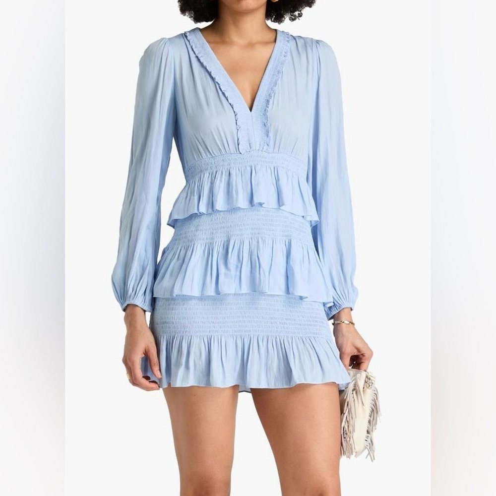 Maje tiered mini dress puff long sleeve size Medium plunge romantic blue ruffled
